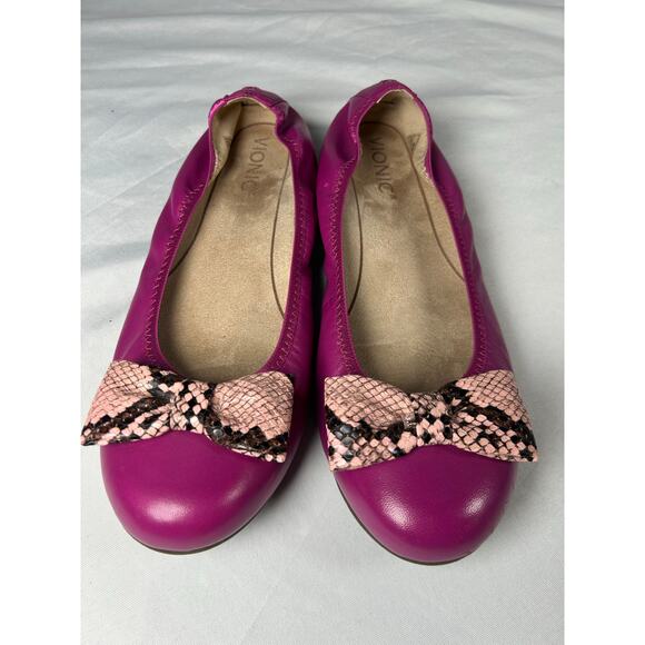 Vionic Zelda Women 8 Magenta coquette Swifty Snakeskin Bow Scrunch Support Flats - Picture 1 of 9